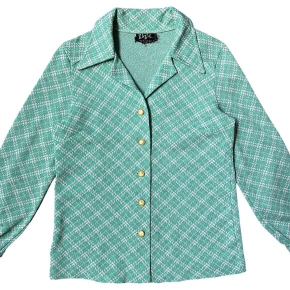 70s vintage plaid pointed collar blouse green notched dagger long sleeve button. - Picture 2 of 7